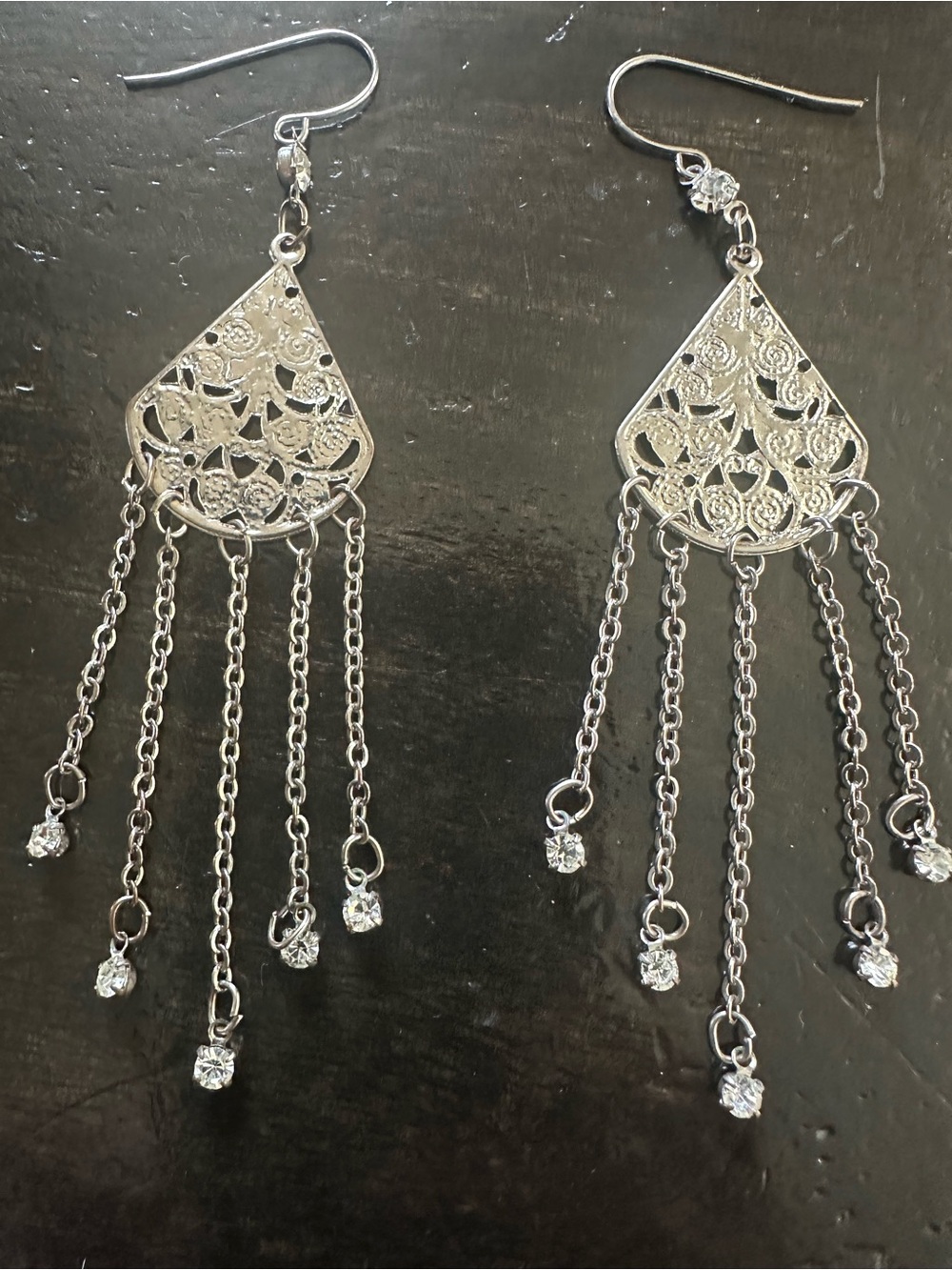Claire's Silver Filigree Teardrop Chain Tassel Earrings with Crystal Drops